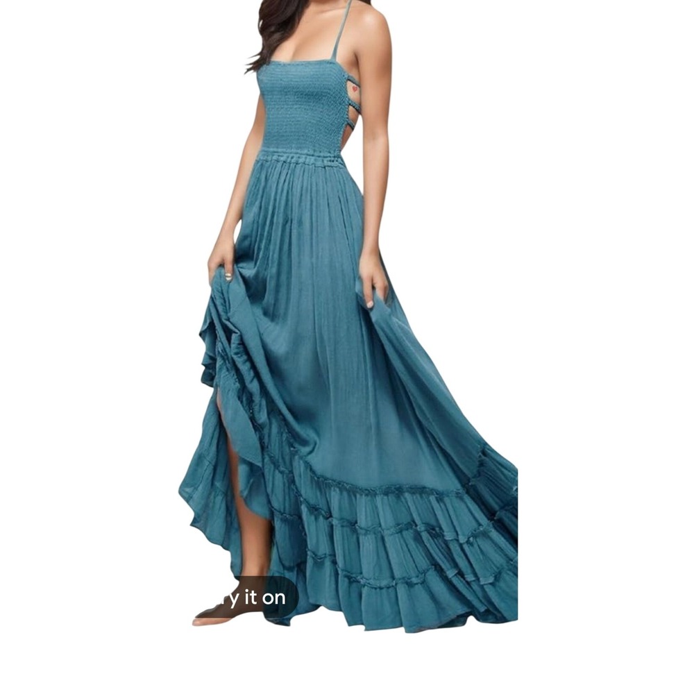 R.Vivimos Teal Blue Smocked Backless Tiered Ruffle Maxi Dress Model 057 Womens S